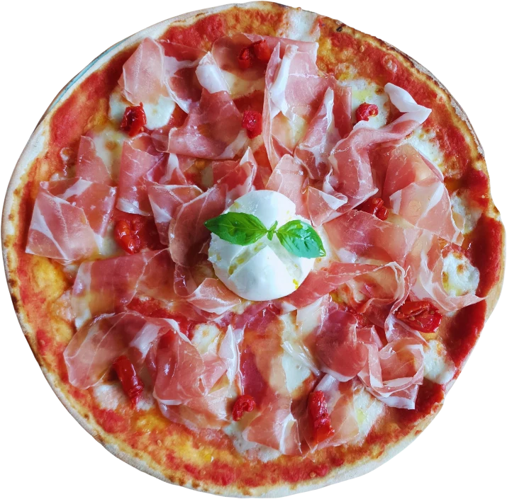 Pizza senza bordo con prosciutto crudo, burrata e pomodorini: gli ingredienti arrivano fino al limite esterno